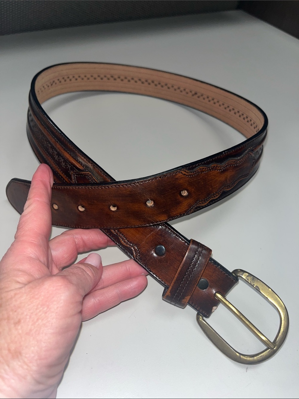 Larry Mahan Brown Leather Western Belt with Brass Buckle SZ 36